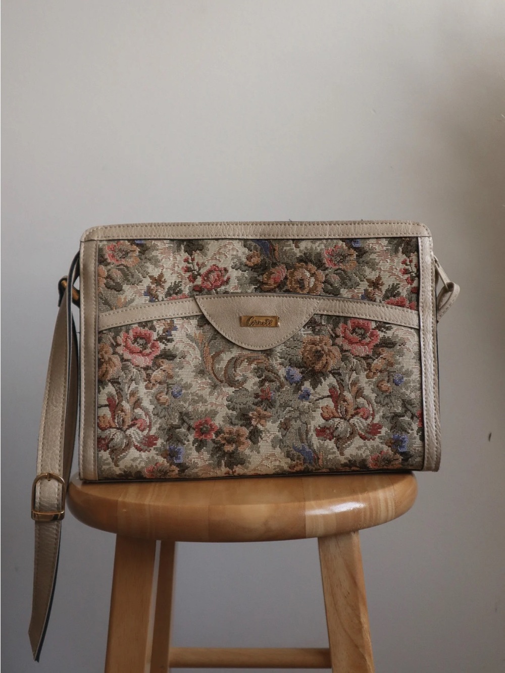 April Cornell Beige Floral Tapestry Shoulder Bag